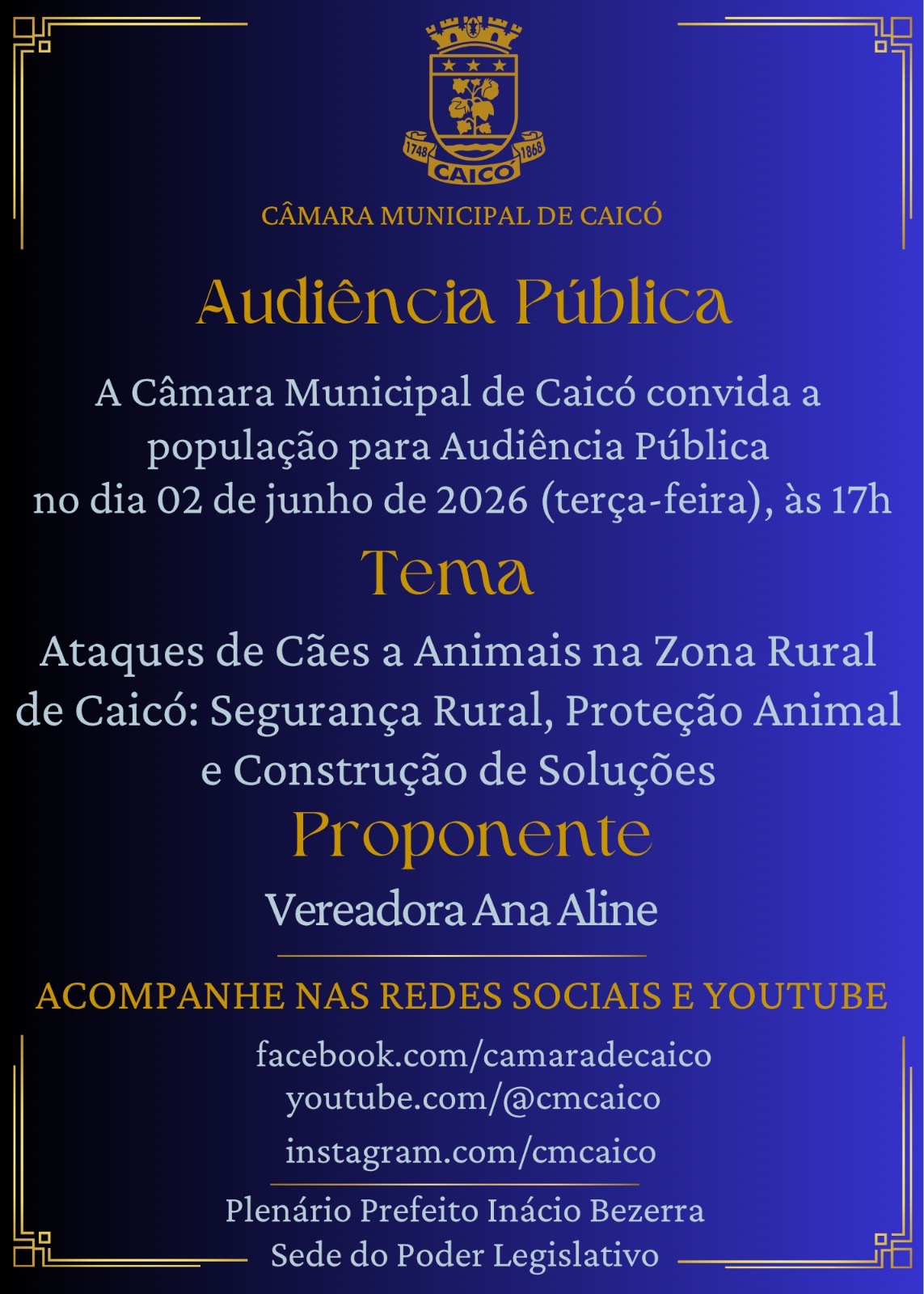 Audiência Pública debaterá nesta terça-feira (2) ataques de cães contra outros animais na zona rural de Caicó