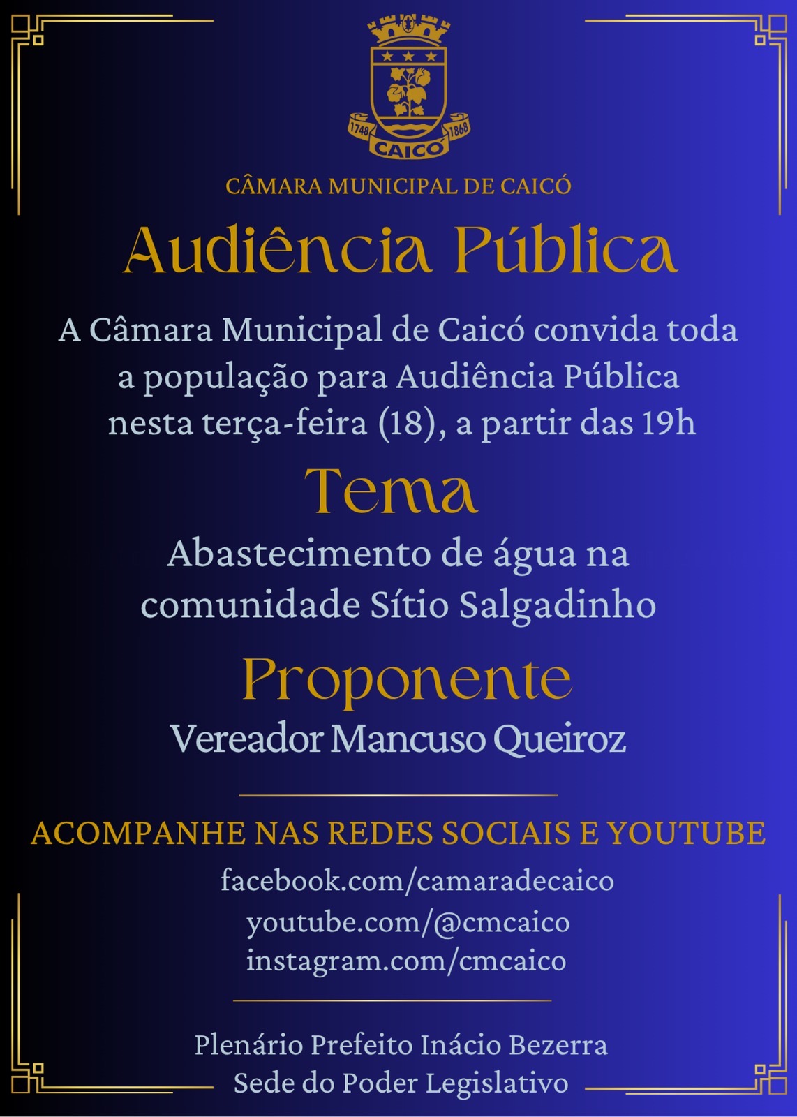 Audiência Pública discutirá abastecimento de água no Sítio Salgadinho