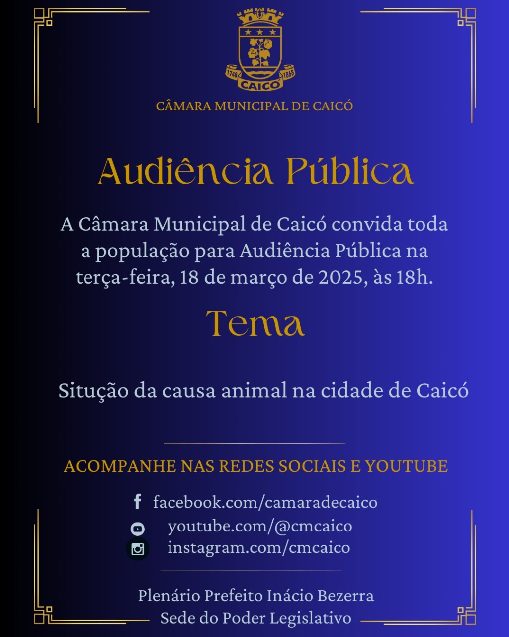 Audiência Pública discutirá causa animal na Câmara Municipal de Caicó