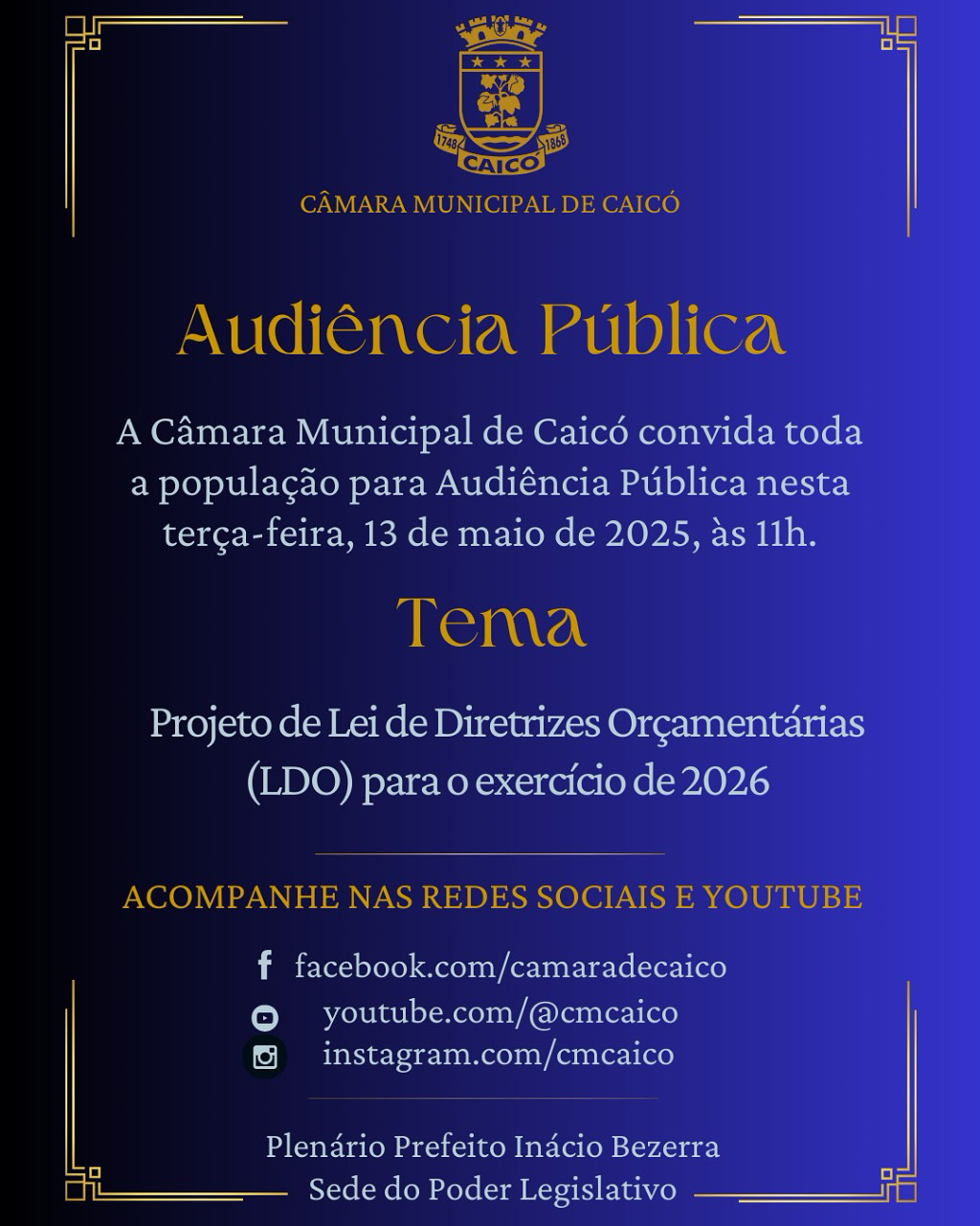 Audiência Pública na Câmara de Caicó discutirá LDO para 2026