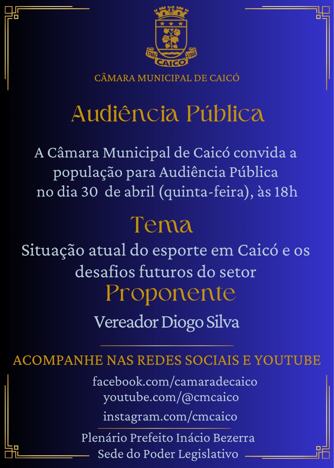 Audiência Pública sobre o esporte em Caicó ocorrerá na próxima quinta-feira (30)
