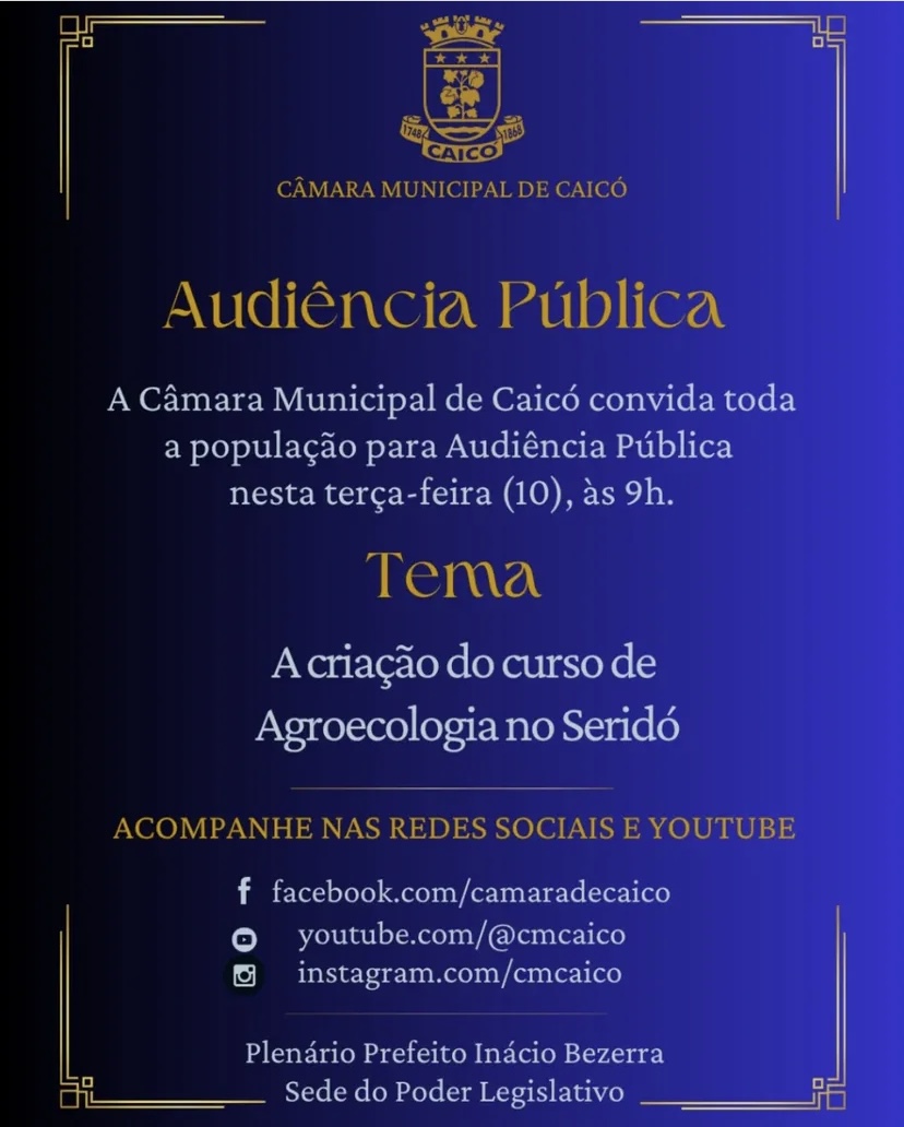 Câmara de Caicó promoverá Audiência Pública sobre a criação do curso de Agroecologia no Seridó