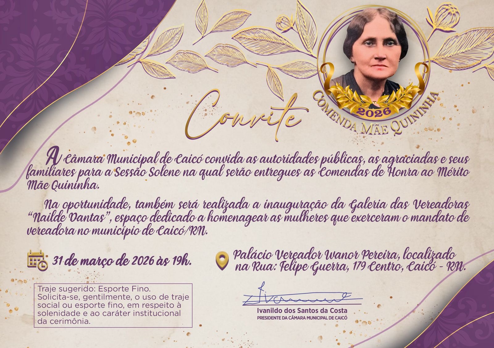 Câmara de Caicó promoverá  Sessão Solene de entrega da Comenda Mãe Quininha na próxima terça-feira (31)