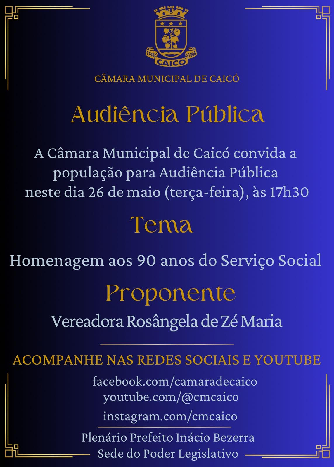 Câmara Municipal de Caicó homenageará 90 anos do Serviço Social