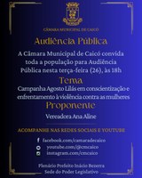 Câmara Municipal de Caicó promoverá Audiência Pública alusiva à campanha Agosto Lilás na próxima terça-feira (26)