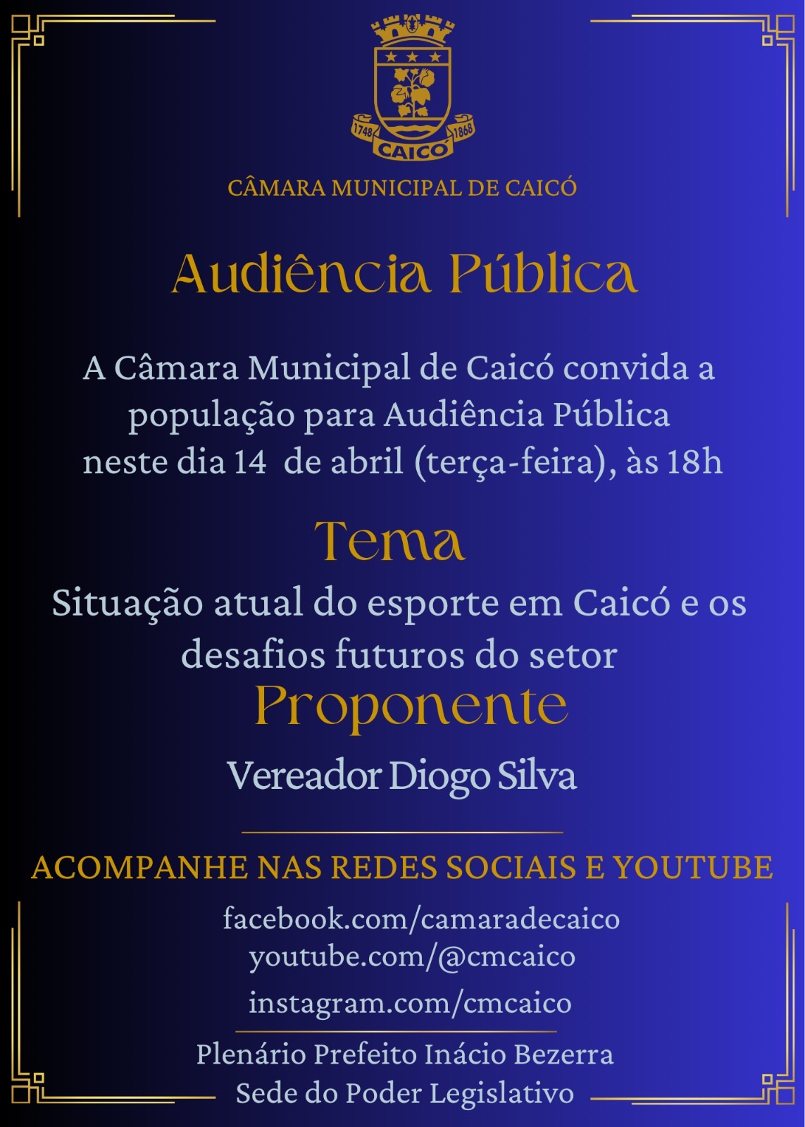 Câmara promoverá Audiência Pública “Situação atual do esporte em Caicó e os desafios futuros” nesta terça-feira (14)