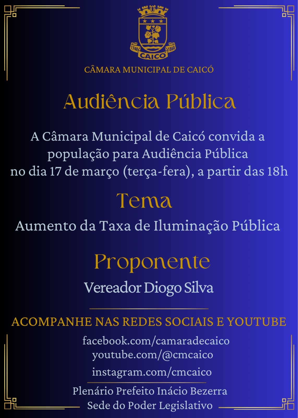 REMARCADA: Audiência “Aumento da Taxa de Iluminação Pública” ocorrerá no dia 17 deste mês