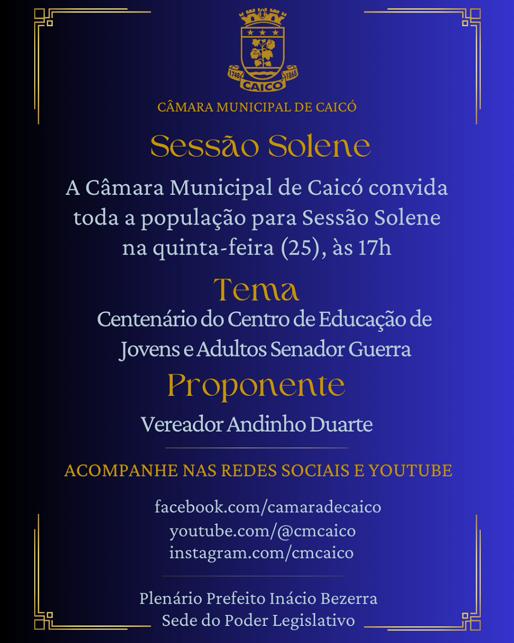 Sessão Solene homenageará 100 anos do Centro de Educação de Jovens e Adultos Senador Guerra